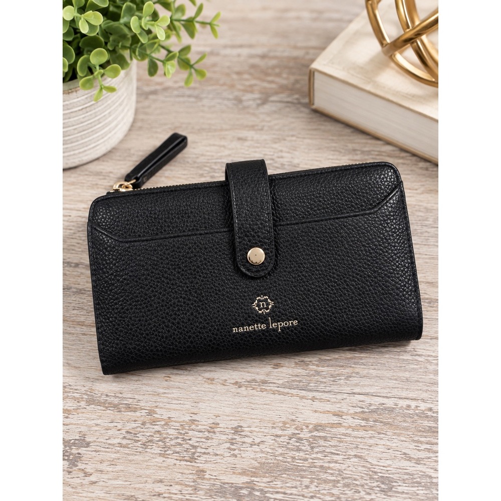 Nanette Lepore Black Pebbled Faux Leather Continental Snap Zip Wallet Clutch